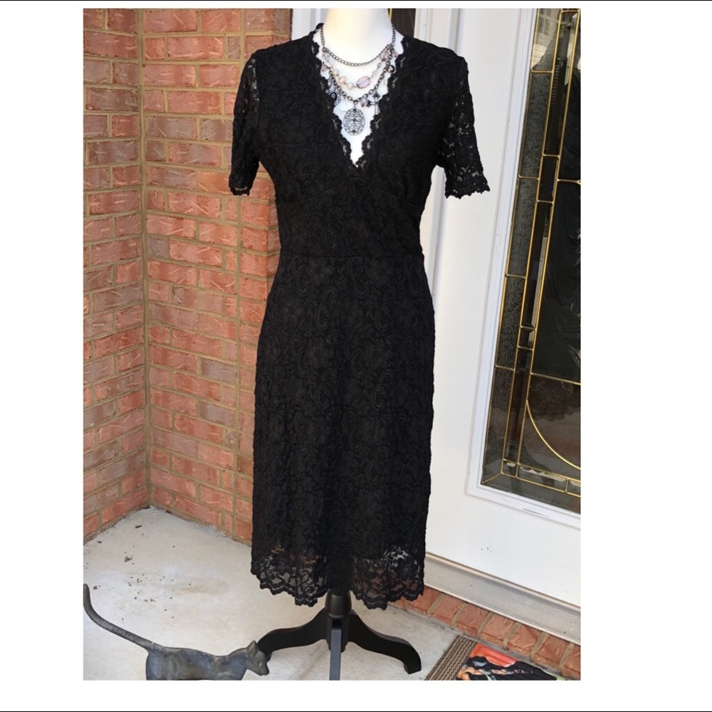 Bisou Bisou black lace overlay sheath dress.